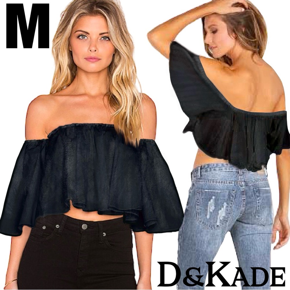 NWOT D&KADE Off the Shoulder Stonewash Charcoal Grey Flowy Crop Top Size: Medium